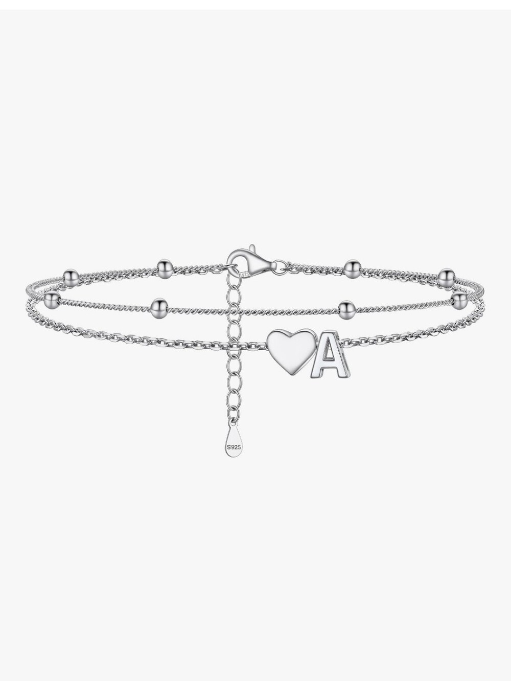 Sterling Silver 'A' Initial Heart Double Chain Anklet - Silver